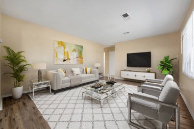 Kanepesi ve mobilyası olan modern bir iç mekan. 3d oluşturma