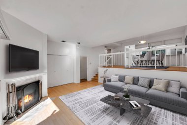 Kanepesi ve şöminesi olan modern bir oturma odası. 3d oluşturma