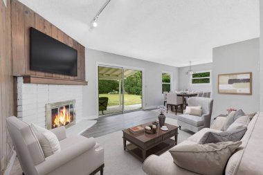 3D oturma odası, şömine ve kanepe.