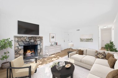 Şöminesi ve kanepesi olan modern bir oturma odası. 3d oluşturma 