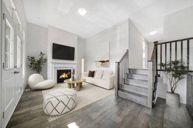 Beyaz duvarları ve ahşap zemini olan modern bir daire. 3d oluşturma