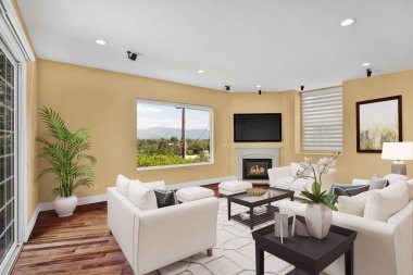 Kanepesi ve sandalyeleri olan modern oturma odası. 3d oluşturma 