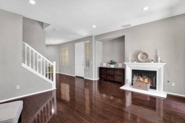 Beyaz duvarları olan modern oturma odasının güzel iç mekanı. 3d oluşturma