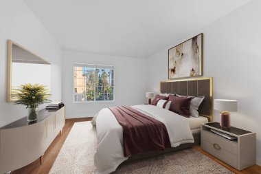 Penceresi olan modern bir yatak odası. 3d oluşturma 