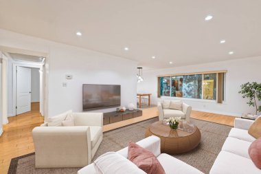 İçinde kanepe olan modern bir oturma odası. 3d oluşturma