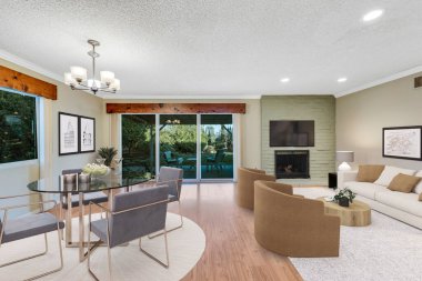 Şöminesi ve masası olan modern oturma odası. 3d oluşturma