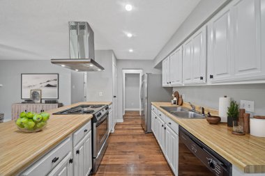 Beyaz ve gri duvarları ve ahşap zemini olan modern bir mutfak. 3d oluşturma