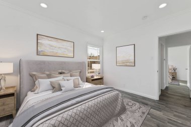 Modern bir yatak odası. 3d oluşturma. 