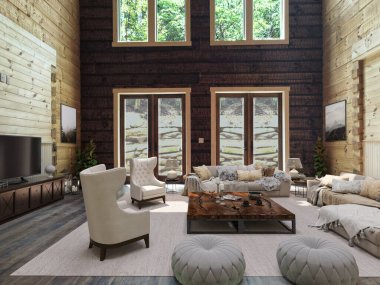 Kanepe ve mobilyalarla dolu güzel bir oturma odası. 3d oluşturma