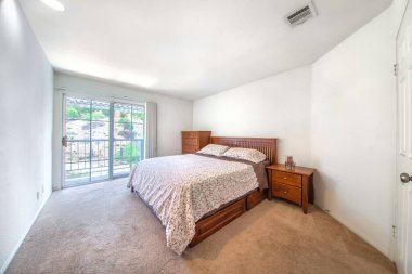 interior of a bedroom with a large window. 3d rendering