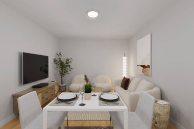 Oturma odasının içi mobilya ve masayla dolu. 3d oluşturma