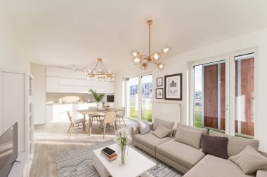 Kanepesi ve masası olan modern oturma odası. 3d oluşturma