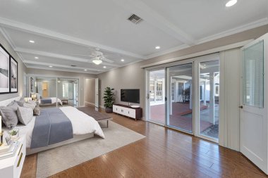 Modern yatak odası burada. 3d oluşturma