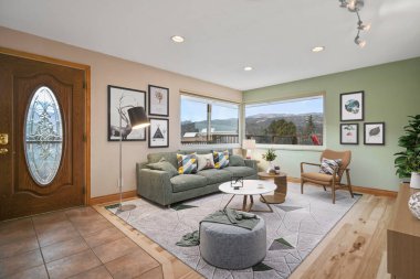 Geniş bir penceresi ve kanepesi olan modern bir oturma odası. 3d oluşturma