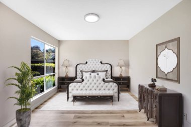 Büyük bir penceresi ve beyaz yatağı olan bir yatak odasının içinde. 3d oluşturma