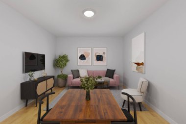 Modern bir apartman dairesi, 3D görüntüleme.