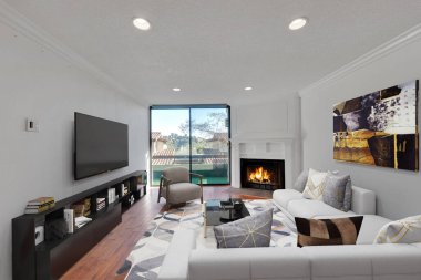 Kanepesi ve şöminesi olan modern bir oturma odası. 3d oluşturma