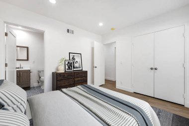 Yatak odası, yatak odası, ahşap zemin, üç boyutlu.