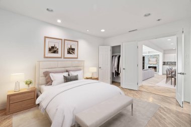 Modern yatak odasının içinde beyaz duvarlar ve yatak odaları var.