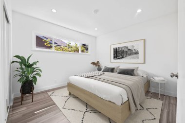 Modern yatak odası, yatak odası, beyaz duvarlar, 3 boyutlu.