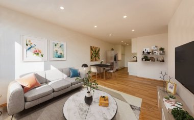 3 boyutlu ahşap döşemesi olan modern bir apartman dairesi.