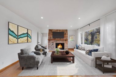 İçinde kanepe ve şömine olan modern bir oturma odası. 3d oluşturma