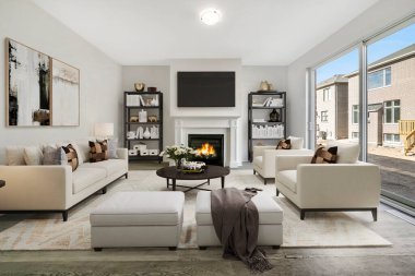 İçinde kanepe ve şömine olan modern bir oturma odası. 3d oluşturma