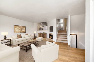 İçerisi, yeni dairede oturma odası, modern evde kimse yok. 3d oluşturma