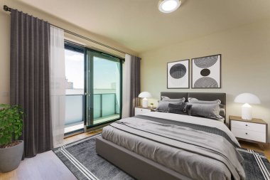 Modern yatak odasının içi. 3d oluşturma