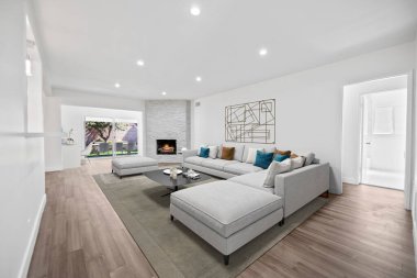 3D iç mekan, oturma masası ve şömine, modern daire.