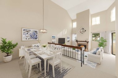 Modern apartman iç odasının 3 boyutlu görüntüsü. Kimse..