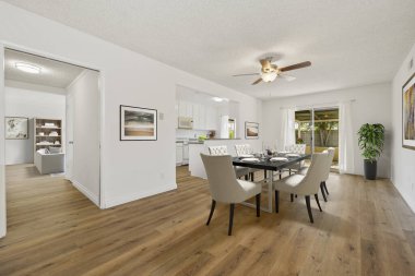 interior of modern kitchen with wooden floor and white walls. 3d rendering