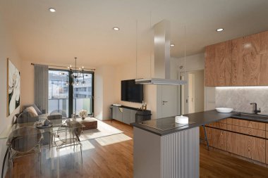 interior of a modern kitchen with a large window and a wooden floor. 3d rendering 