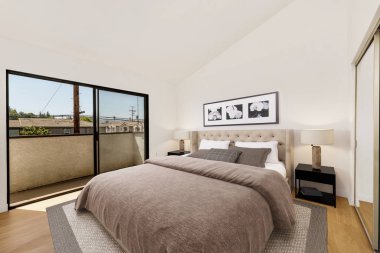 Modern bir yatak odasının 3 boyutlu tasarımı. Parlak mobilyaları var.