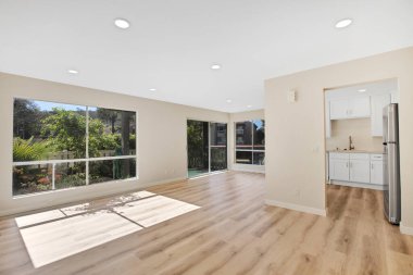 Ahşap zemin ve parke ile modern apartman dairesinin içi boş. 3d oluşturma 