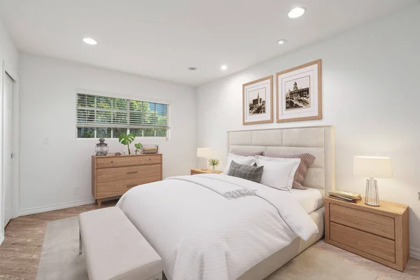 Modern Hálószoba Bútorokkal Kényelmes Ággyal Renderelés — Stock Fotó