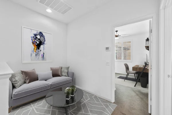 Interior Habitación Moderna Con Sofá Silla Muebles Renderizado —  Fotos de Stock