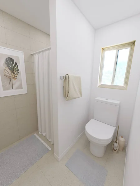 Interior Kamar Mandi Dengan Bak Mandi Putih Rendering — Stok Foto