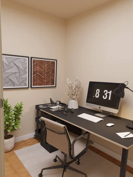Interior Escritório Moderno Com Computador Mesa Renderização — Fotografia de Stock