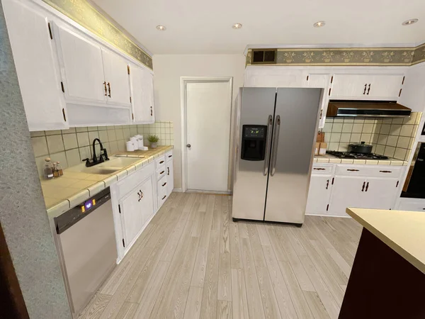 Interior Cozinha Moderna Com Paredes Brancas Ilustração — Fotografia de Stock