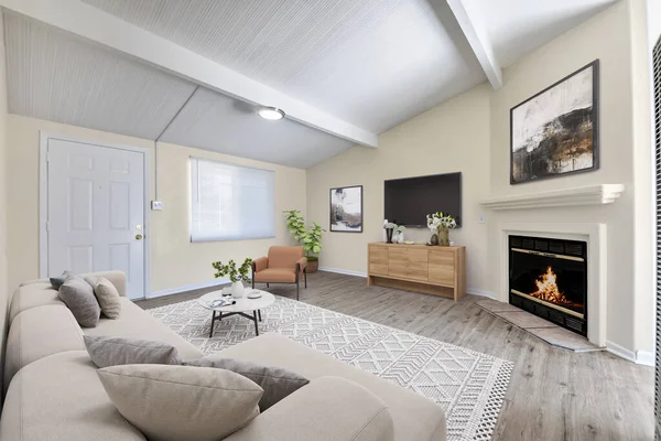 有壁炉和沙发的现代客厅的内部 3D渲染 — 图库照片