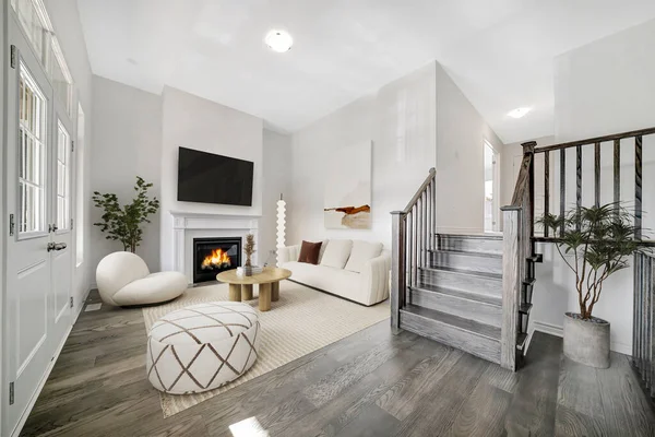 白い壁と木製の床を持つ現代のアパートのインテリア 3Dレンダリング — ストック写真