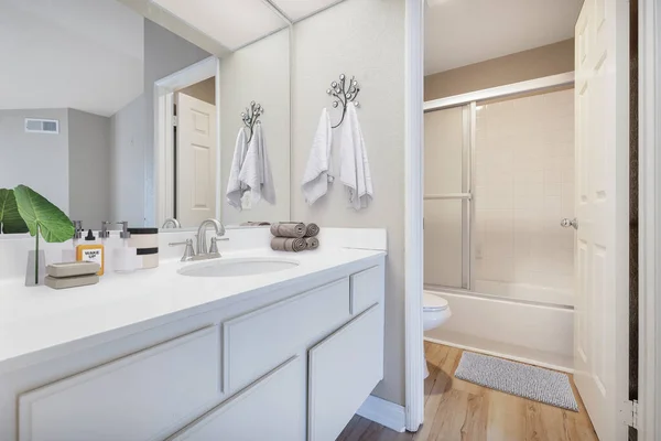 现代浴室的内部 白色水槽和木制地板 3D渲染 — 图库照片