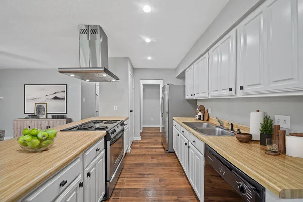 Modern Kitchen White Gray Walls Wooden Floor Rendering — Stockfoto
