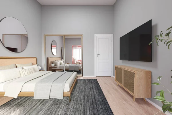 モダンな寝室のインテリアデザイン3Dレンダリングイラスト — ストック写真
