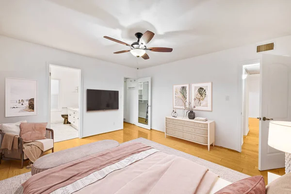白のインテリアデザインの美しい現代のアパート 家のベッドルーム 3Dレンダリング — ストック写真