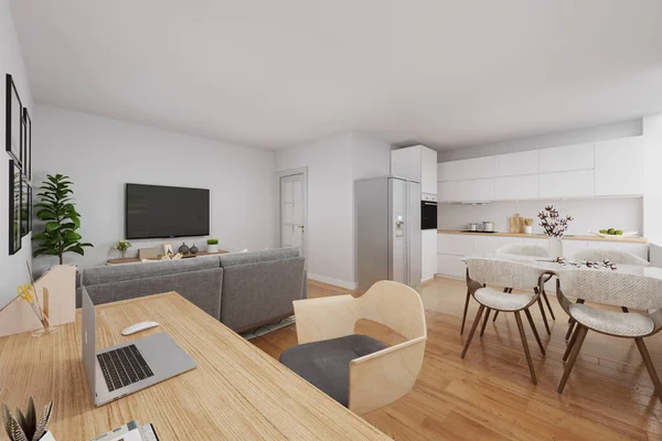 Interior Ruang Tamu Modern Dengan Sofa Lantai Kayu Dan Dinding — Stok Foto