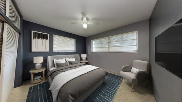 Interieur Van Een Moderne Slaapkamer Met Blauwe Grijze Muren — Stockfoto