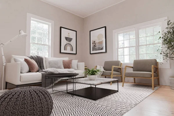 Kanepe ve ahşap zemini olan modern oturma odası. 3d oluşturma