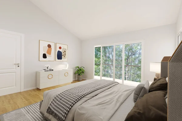 Interior Modern Bedroom Large Window Rendering — Φωτογραφία Αρχείου